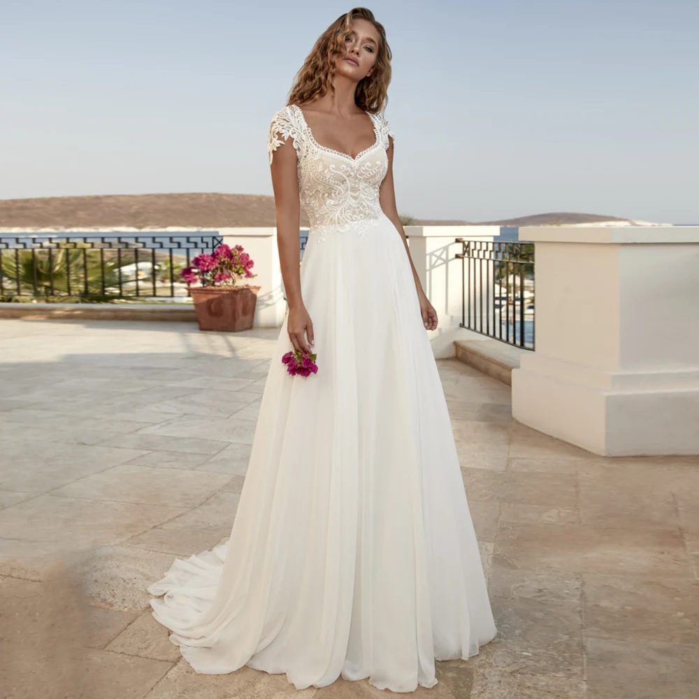 Weiß Hochzeit Kleider für Braut Bürger Cap Sleeve V-ausschnitt Spitze Appliques Chiffon-EINE Linie Brautkleider Robe De Ehe bohemian