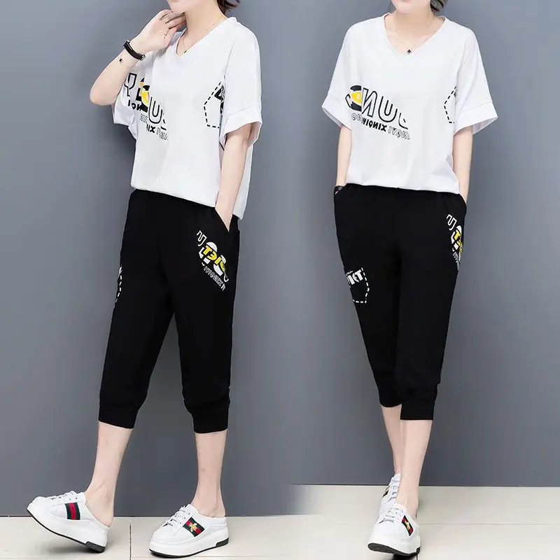 Casual Women Two Piece Outfits Summer Letter 2 Piece Set Top And Pants Spring Korean Tracksuit Women\'s Tracksuits Matching Sets