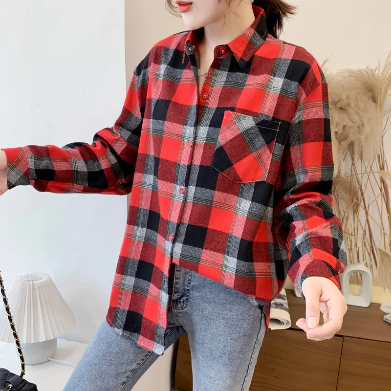 Elegant Design Style Plaid Shirt Women 2023 New Spring Autumn Casual Womens Blouses and Tops Ladies Loose Long Sleeve Blouse