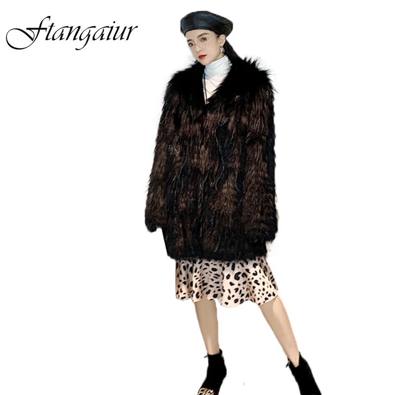 

Ftangaiur New Winter Import Fox Fur Coat Whole Skin V-Neck Pure Black Women Weave Fox Coats Medium Natural Fur Fox Fur Coats