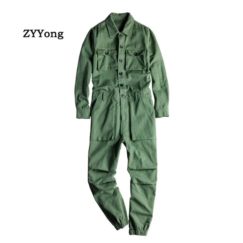 

Men's Jumpsuit Long Sleeve Lapel Beam Feet Cotton Overalls Hip Hop Streetwear Loose Cargo Pants Green Black Freight Trousers