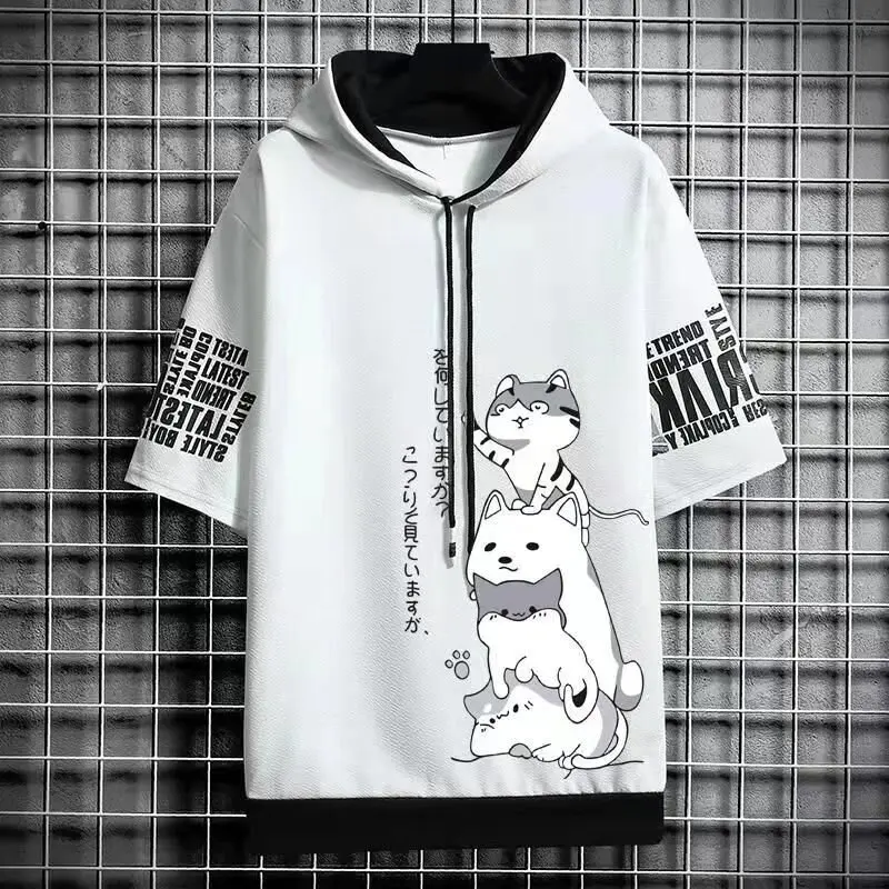 Man Summer Short Sleeve Hooded Graphic T Shirts Harajuku Cartoon Anime Shirt Japanese Streetwear Tees Casual Men Clothing 2021