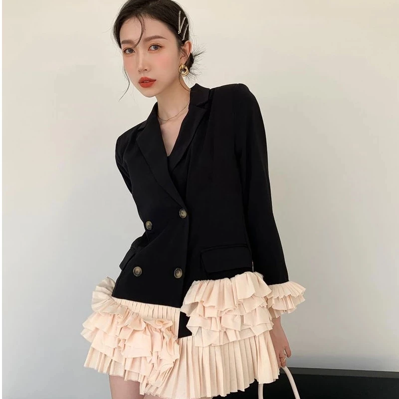 Women Notched Collar Long-sleeved Blazer Coat Female Double Breasted Loose Sweet Patchwork Ruffles Suit Tops