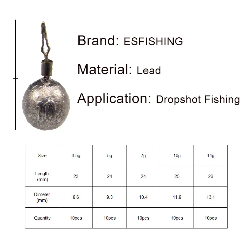 ESFISHING 10pcs Skinny Dropshot Weight For Fishing Hooks Sinker 3g 5g 7g 10g 14g Fishhook Lure Tackle Pesca Fishing Accessories