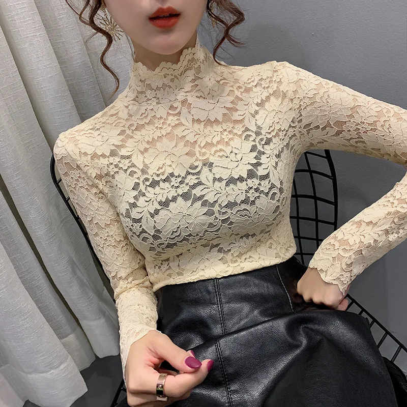 2020 Spring Autumn Women Sexy Blouse Female Half High Collar Bottoming Shirt Feminine Slim Lace Mesh Beauty Tops