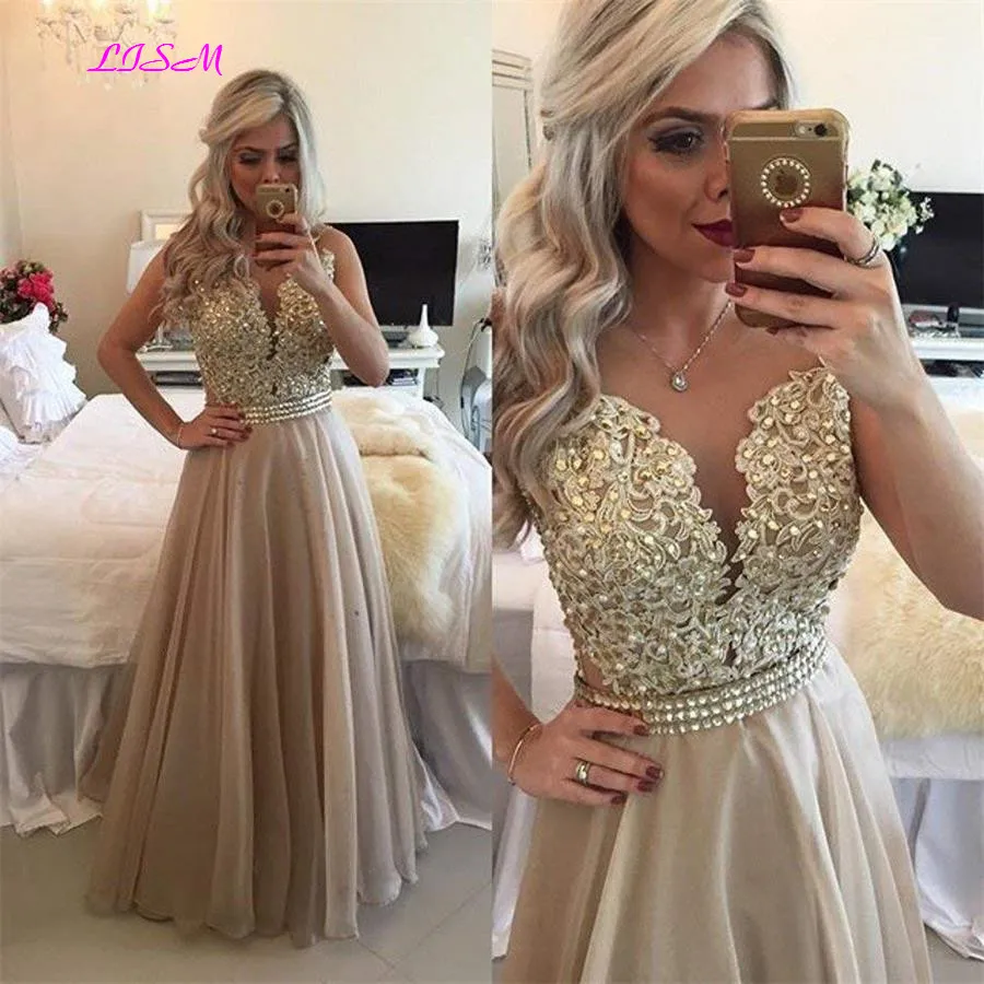 Chiffon Beaded Lace Applique Long Prom Dress Sheer Back Sleeveless Formal Gown O-Neck Floor Length Evening Dresses vestido festa