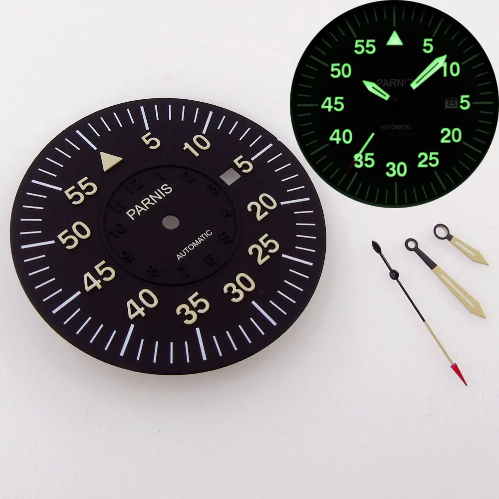 38mm Black Watch Dial+Hands Parnis Brand Date Window For Miyota 8215 821A 8205 Mingzhu/DG 2813 Movement