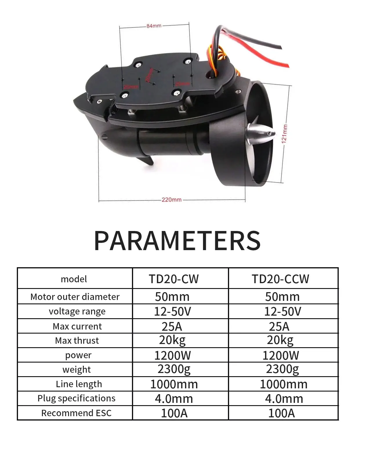 Dd Td20 Onderwater Thruster Met 100a Esc 1200W 20Kg Stuwkracht Waterdichte Borstelloze Motor Voor Rc Aas Sleepboot Nest Schip Onderzeeër