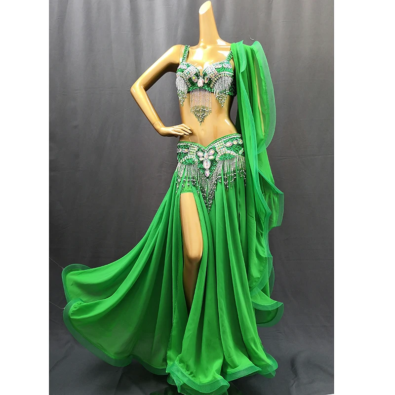 Hot Sale Professional Women belly dance costume wear for stage performance outfit 3piece suit Beaded carnival dancer costume set