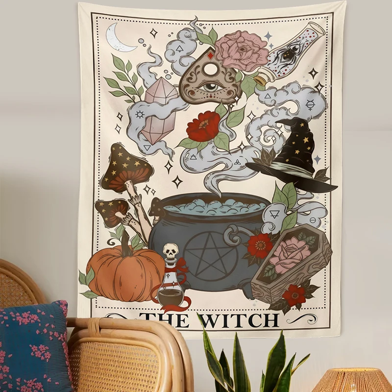 The Witch Tarot Card Tapestry Wall Hanging Retro Witchy Boho Cottage core Home Decor Hippie Mushroom Wall Carpet Decoration