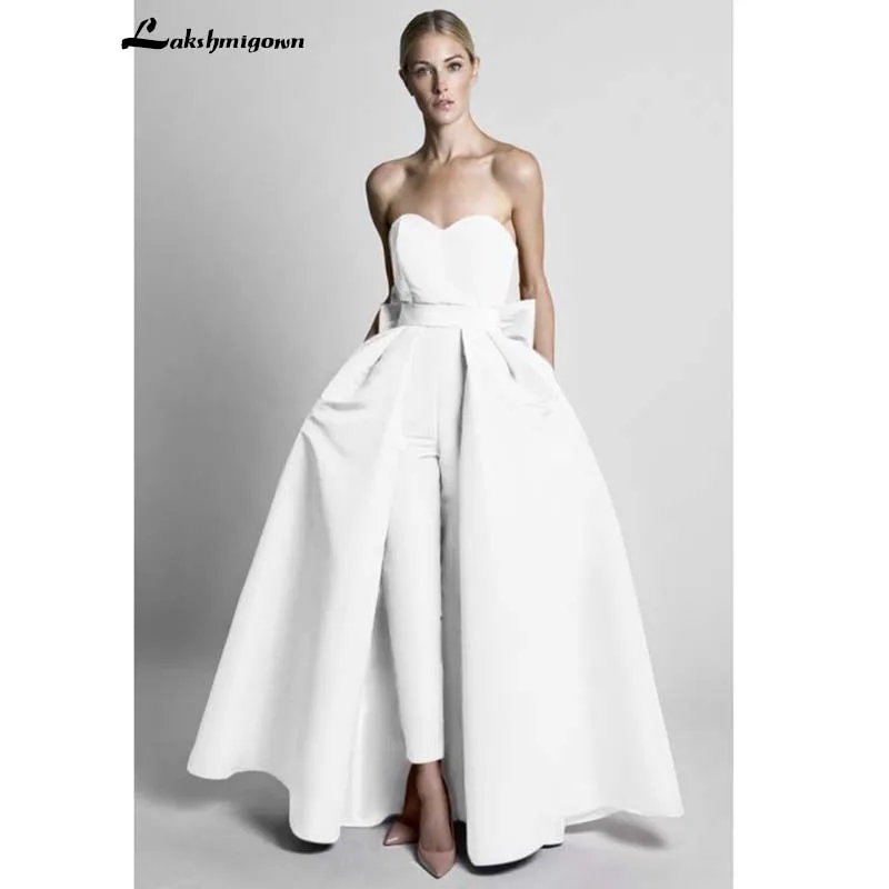 Bescheiden Red Jumpsuits Trouwjurken Met Afneembare Rok Strapless Bruid Gown Bridal Party Broek Voor Vrouwen Custom Made