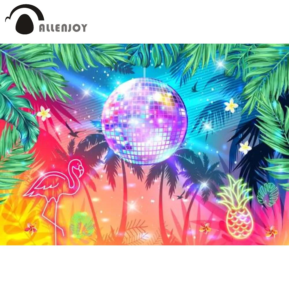 

Allenjoy Summer Disco Holiday Backdrop Tropical Birthday Party Tree Leaves Flamingo Pineapple Neon Colourful Glow Background