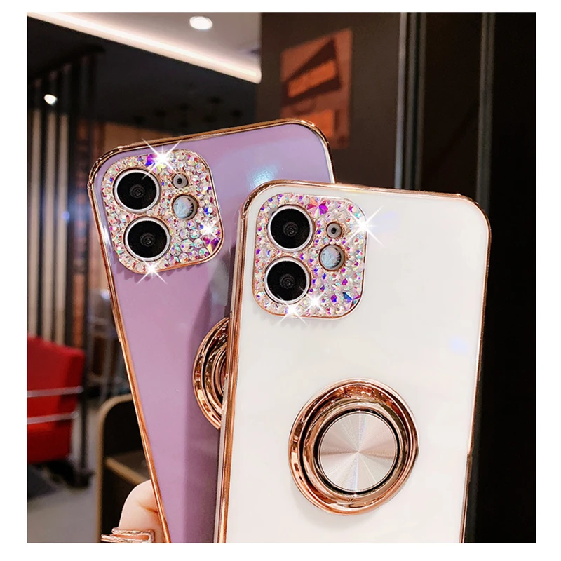 حامل هاتف مغناطيسي للسيارة حافظة كاميرا ماسية لهاتف آيفون 16 15 14 13 12 11 Pro Max X XR XS 7 8Plus غطاء مطلي بالذهب من حجر الراين