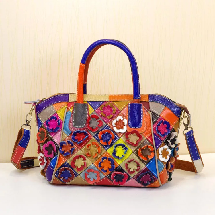 

High Quality Leather Women's Multi-color Plaid Stitching Design Shoulder bag Ladies Fashion Flower Color Block Tote bag 418