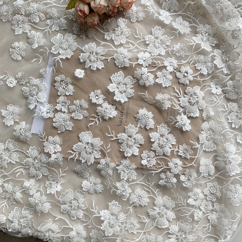 Ivory wedding lace fabric tulle mesh Allover flowers lace fabric with beads, heavy beaded lace for wedding dress, gowns