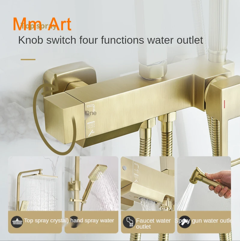 Light Luxury Copper Bathroom Brushed Gold Shower Head Set Household Boost Nozzle Golden Shower Household Faucet