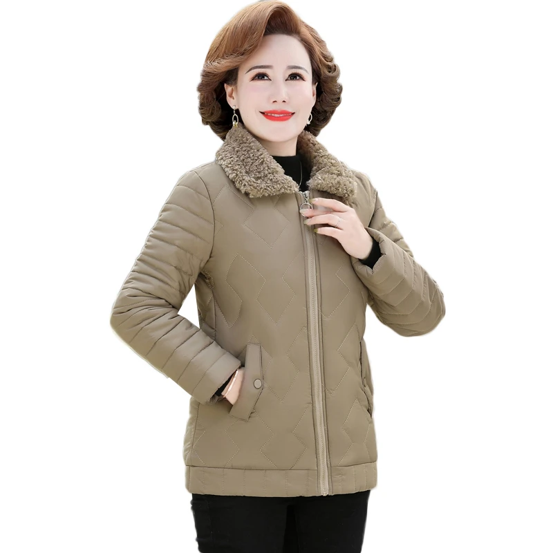 Winter Jacket Women Solid Plus Velvet Cotton Padded Coat  Thicken Short Lamb fur collar Jacket Middle-aged Female