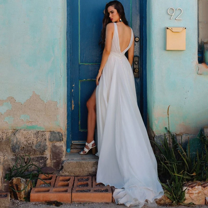 Vestido de novia blanco con escote en V, traje de novia de tul con corte lateral, Espalda descubierta, talla grande, 2021