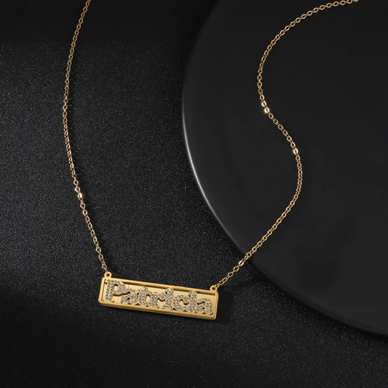 

Custom Name Necklace with Diamond Personality Stainless Steel Gold Nameplate Rectangular Pendant Jewelry Wedding Accessories