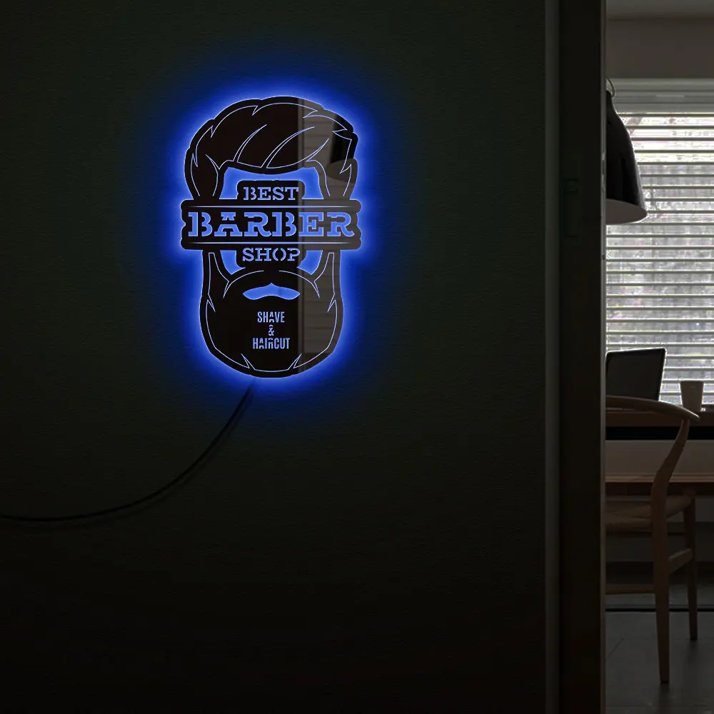 Barber Shop Color Changing Wall Light Shave and Haircut  Mirror with LED Illumination Hairdresser Acrylic Mood Lamp