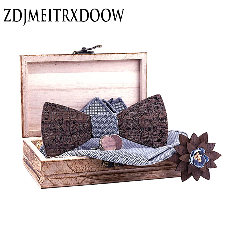 

New Silver grey Plaid Wooden Bowtie For Mens Marry Pocket Square Cufflinks Brooch Sets Line flower Accessories cadeau homme