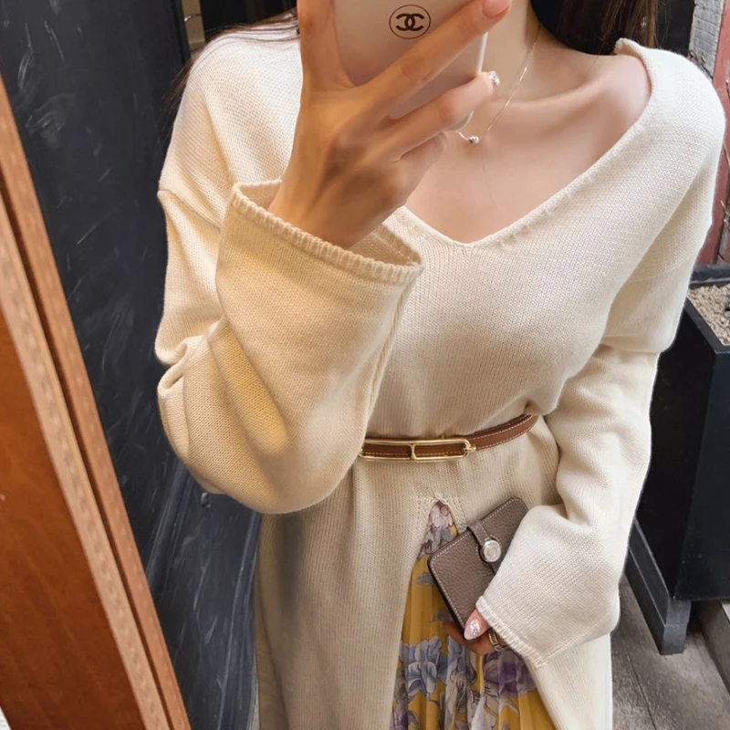 LMQ NEW 2020 Autumn Winter Women Long Pullovers Knitted Front Split Elegant Sweater Dress Sexy V Neck Knitwear Robe