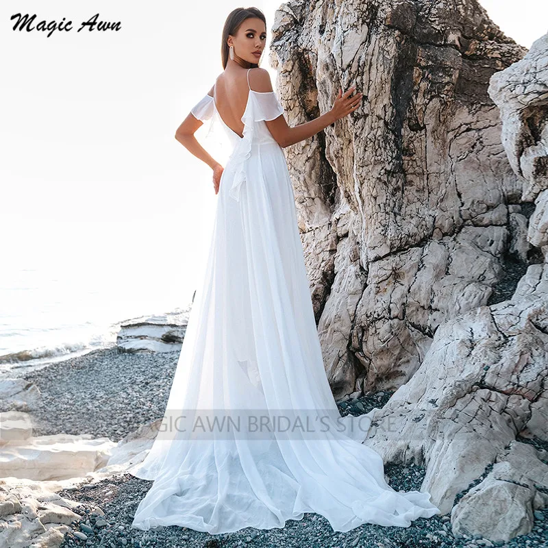 Magic Awn-vestidos de Novia bohemios de gasa para playa, con tirantes finos, volantes, sencillos, marfil, espalda abierta, 2021