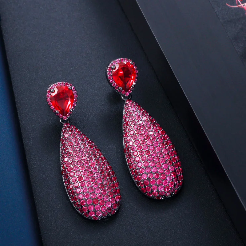 CWWZircons Luxury Micro Cubic Zirconia Paved Unique Black Gold Color Hot Pink Red Big Dangle Drop Party Earrings for Women CZ592