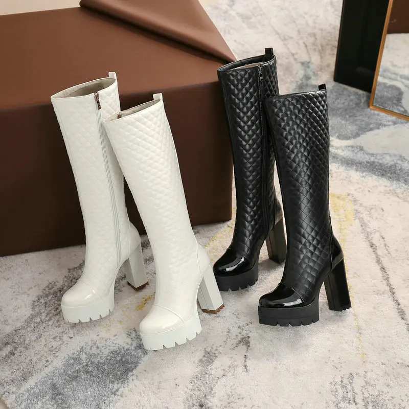 Black White Women Knee High Boots Platform Square High Heel Ladies Winter Boots Side Zipper Female Shoes Big Size 34-43