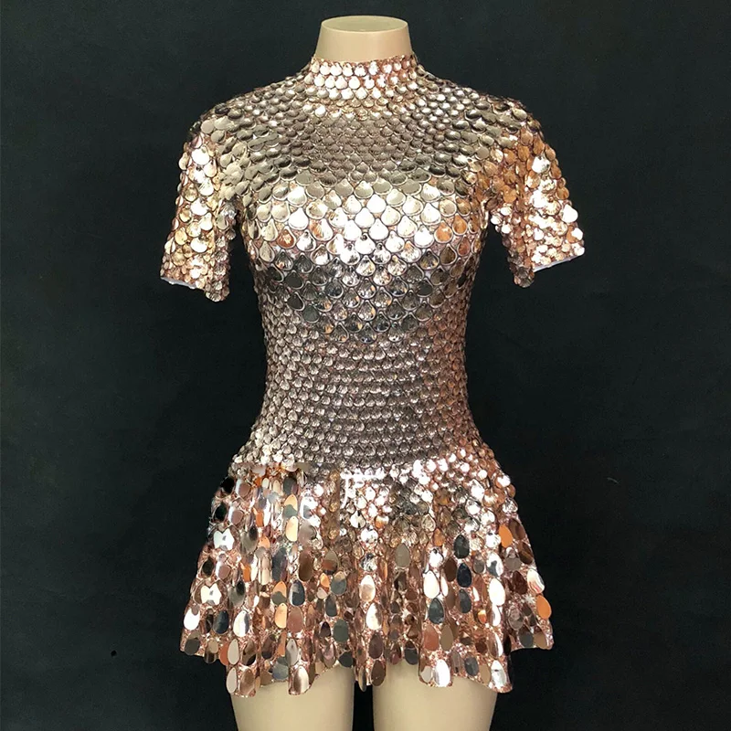 Shining Silver Mirrors Stone Dress Bright Bodysuit Future show space cosplay mirror dress  party Costume Nightclub