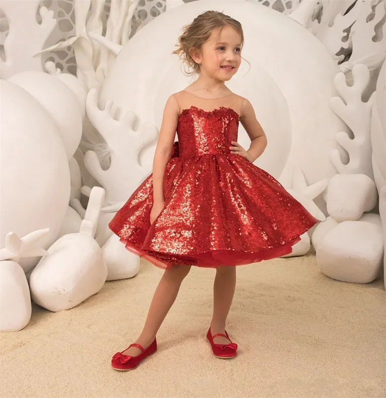 Sparkle Sequins Red Flower Girls Dresses 2025 Tulle Appliques Bow Ball Gown Detachable Train Kids Party Princess Pageant Hot