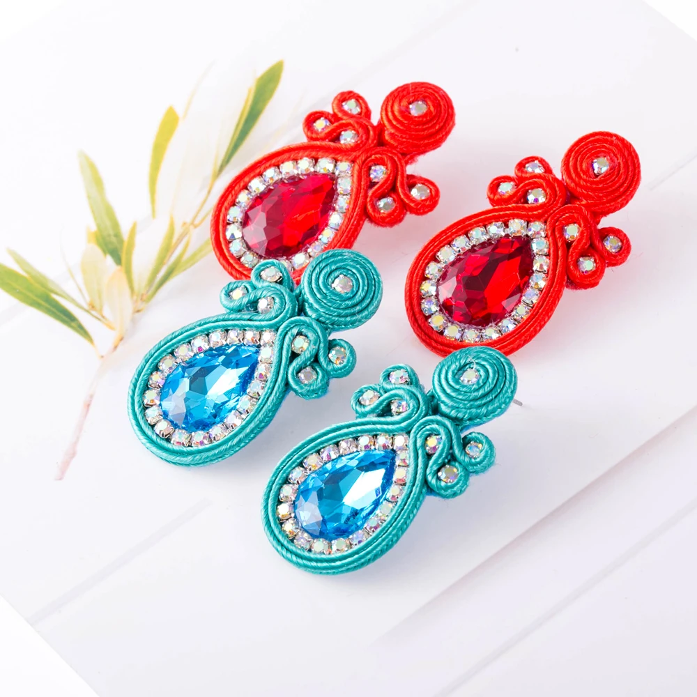 Soutache women\'s earrings Colorful weaving Big Stud earring Fashion crystals Dangle blue orange pink red New jewelry female gift