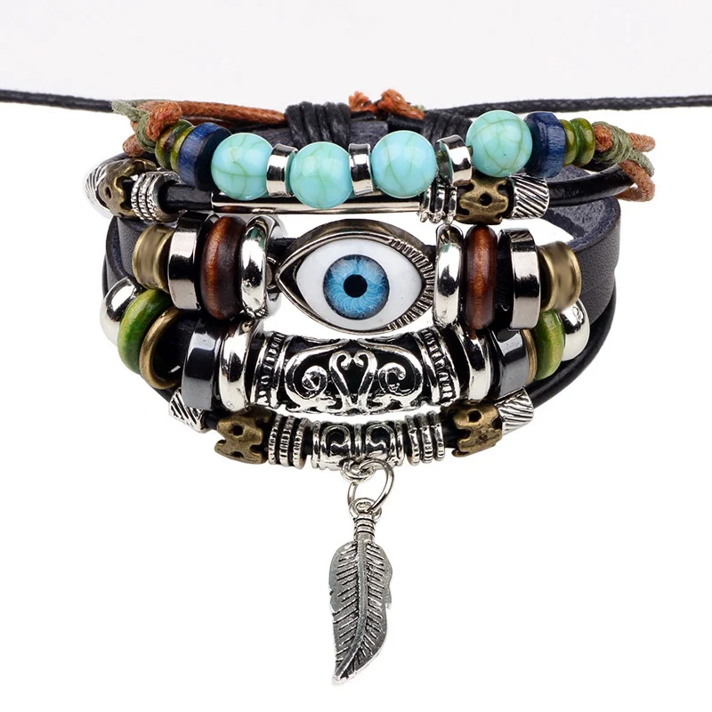Vintage Multi-layer Bead Leaf Charm Leather Bracelet Men Fashion Braided Handmade Star Rope Wrap Bracelets & Bangles Male Gift