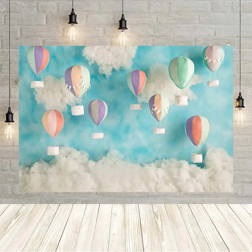 Фон для фотосъемки с изображением воздушных шаров украшение на день рождения голубое небо белые облака Новорожденный ребенок