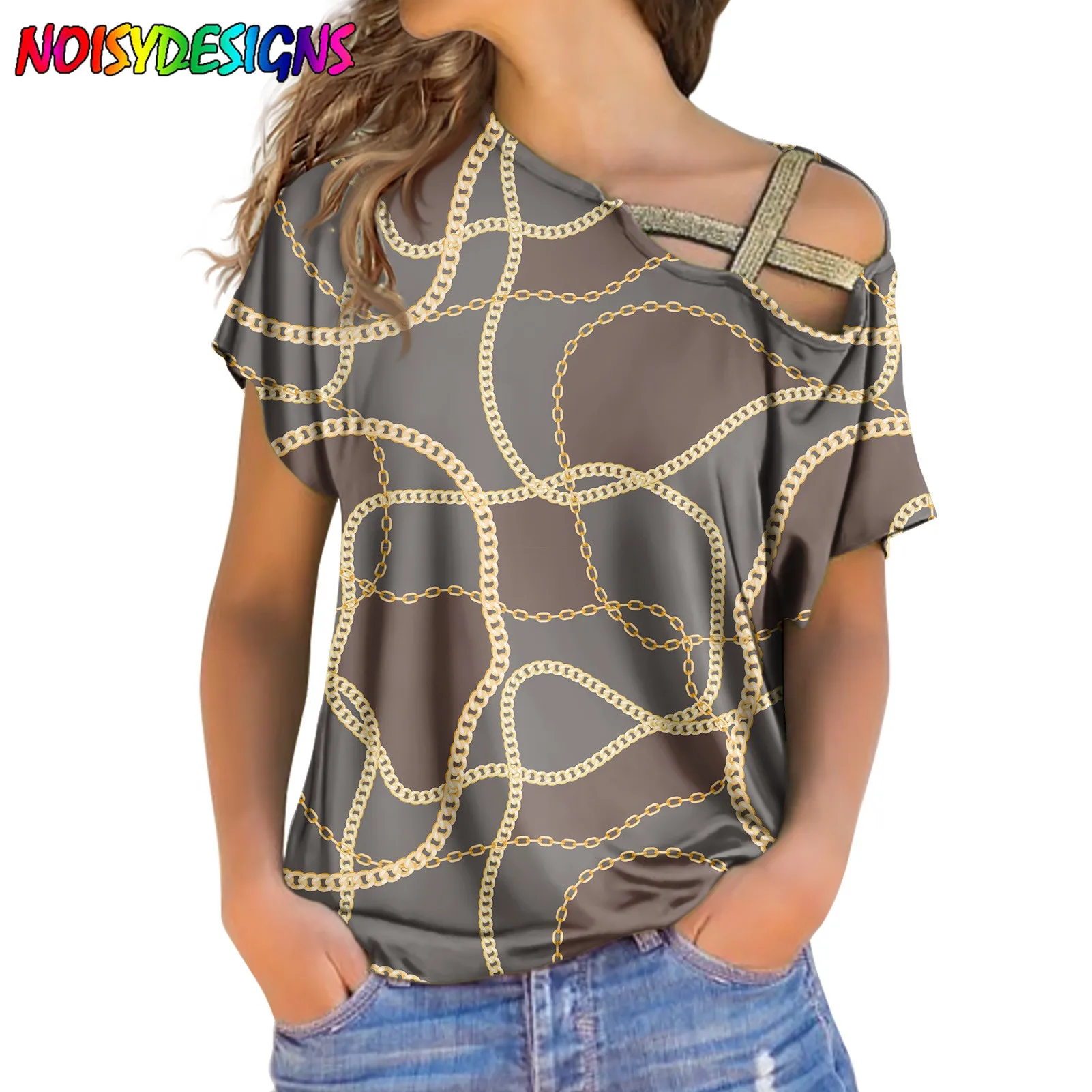 NOISYDESIGNS Euporean Golden Chain Flowers Printed Women Daily Loose T-shirt Skew Collar Hollow Out Short Sleeve Top Streetwear