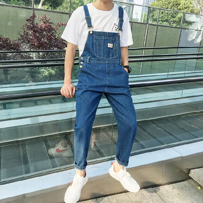 2021 Streetwear Overalls Men Jumpsuit Pants Cotton Hip-hop Straps Pockets Casual Slim Suspenders Solid Male Romper Ankle Length