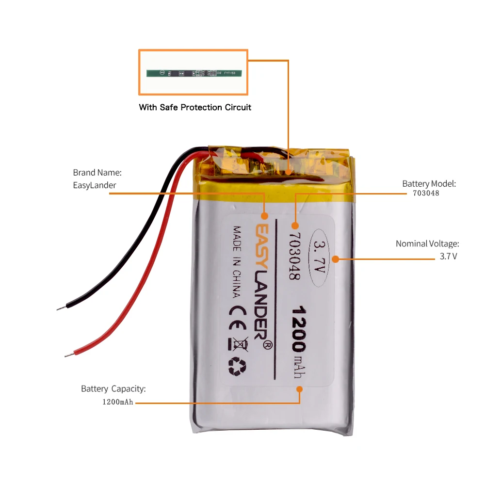 Bateria recarregável do polímero do Li-íon do lítio, 703048, 3.7V, 1200mAh