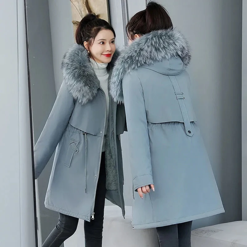 

Winter Women Jacket Mid Long Cotton Padded Female Coat Loose Hooded Fur Collar High Quality Warm Outwear Womens ParkaTopsR1440