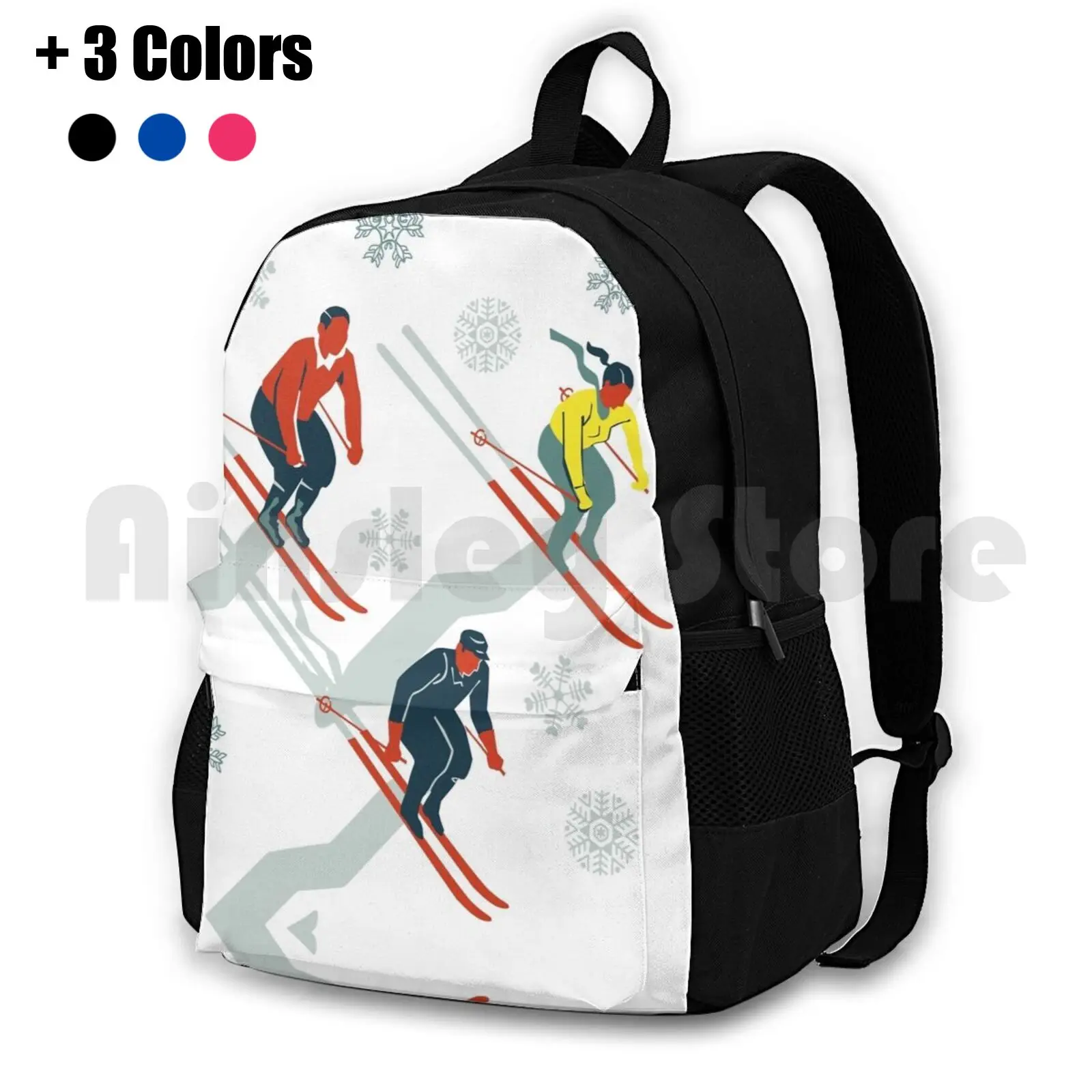 Mid Century Retro Ski Trails In Red , Teal And Yellow Outdoor Hiking Backpack Riding Climbing Sports Bag Ski Skiing Skis Skiers