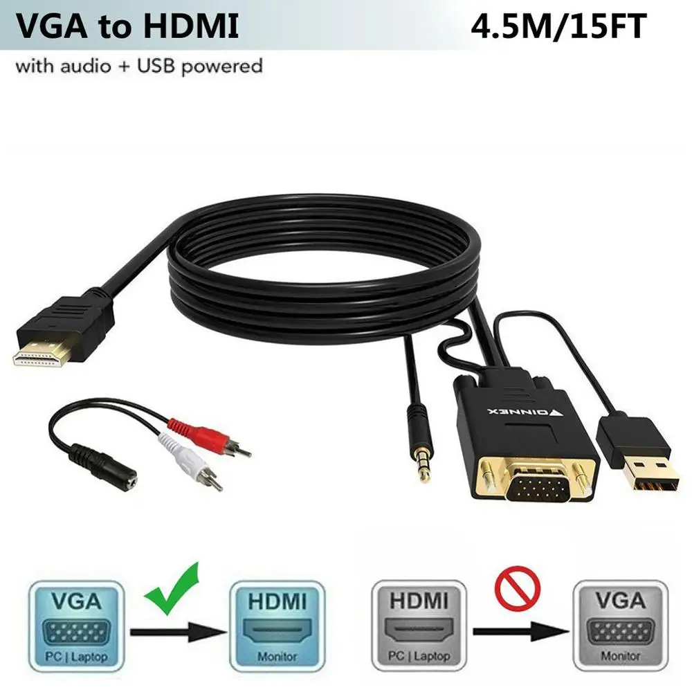 

FOINNEX 15 футов VGA к HDMI адаптер/кабель преобразователя с аудио, 1080P, преобразователь VGA источник (ПК) в HDMI разъем монитора, телевизора