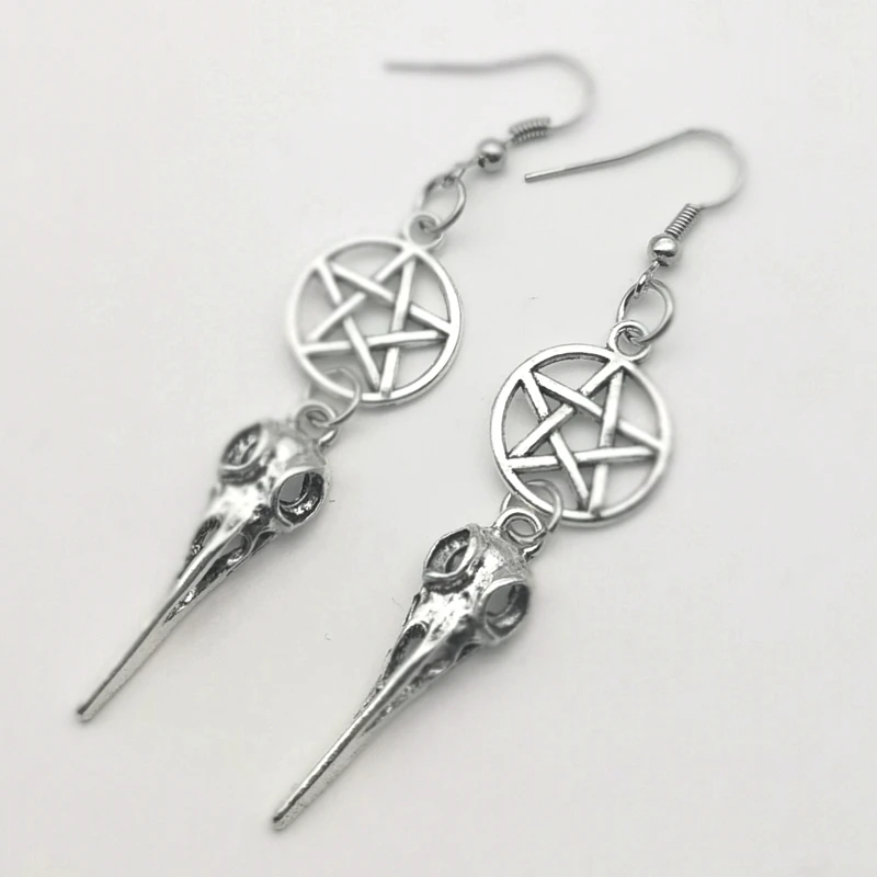 2020 The New Bird skull earrings, gothic dangle long earrings, pentagram, raven skull earrings, halloween gift