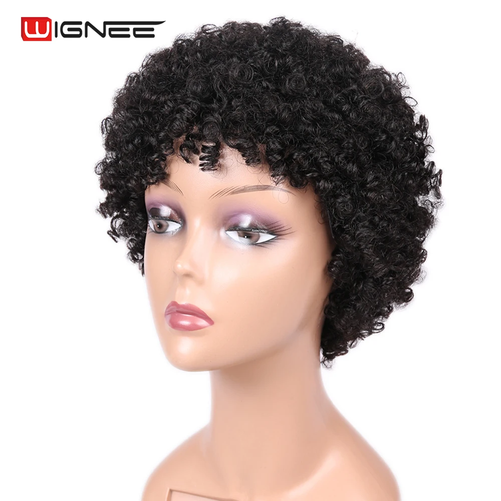 Wignee Short Spiral Curl Human Hair Wigs For Black Women Mixed Brown/2#/99J Remy Brazilian Hair Afro Kinky Curly Natural Wigs