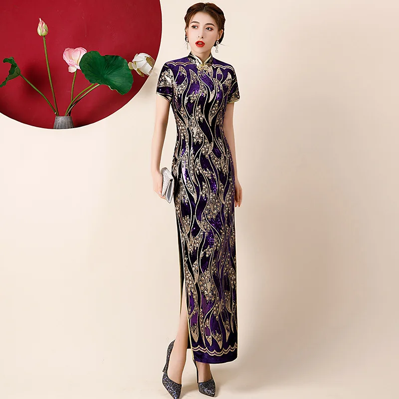 จีนแบบดั้งเดิมผู้หญิงกํามะหยี่สีทอง Cheongsam ชุดสุภาพสตรี Elegant Vintage เย็บปักถักร้อย Velour Qipao Oversize 5XL