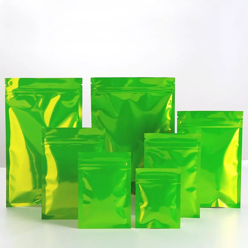 200Pcs Glossy Green Grip Seal Zipper Lock Aluminum Foil Bag Food Ground Coffer Tea Storage Packaging Pouches Resealable Bags