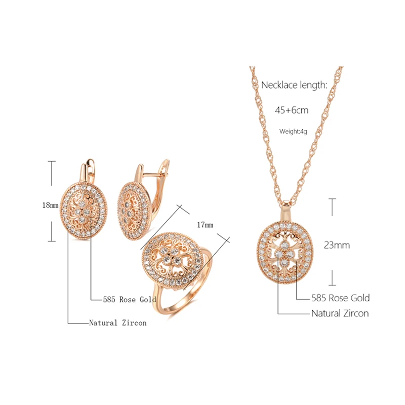 Kinel Hot Fashion 585 Rose Gold Necklace Earrings Ring Sets for Women Natural Zircon Ethnic Flower Bride Wedding Jewelry Set