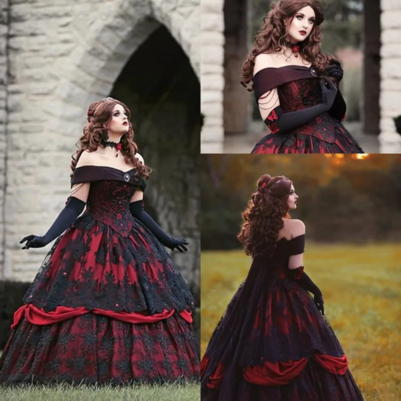 

Gothic Belle Red Black Lace Wedding Gown Vintage Lace-up Corset Strapless Tiered Beauty Off Shoulder Plus Size Bridal Gown