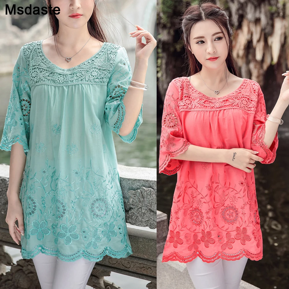 Tunic Tops for Women Summer Chinese Blouses Cotton Vintage Embroidery Loose Ladies Shirts Plus Size XL~3XL Woman Top and Blouse