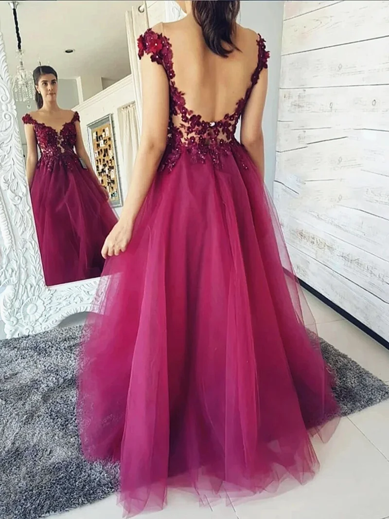 Tulle Applique ดอกไม้พรหมชุดเลื่อมความยาวภาพลวงตา Backless Cap Sleeve A-Line ชุดราตรี Vestido De Fiesta De Boda