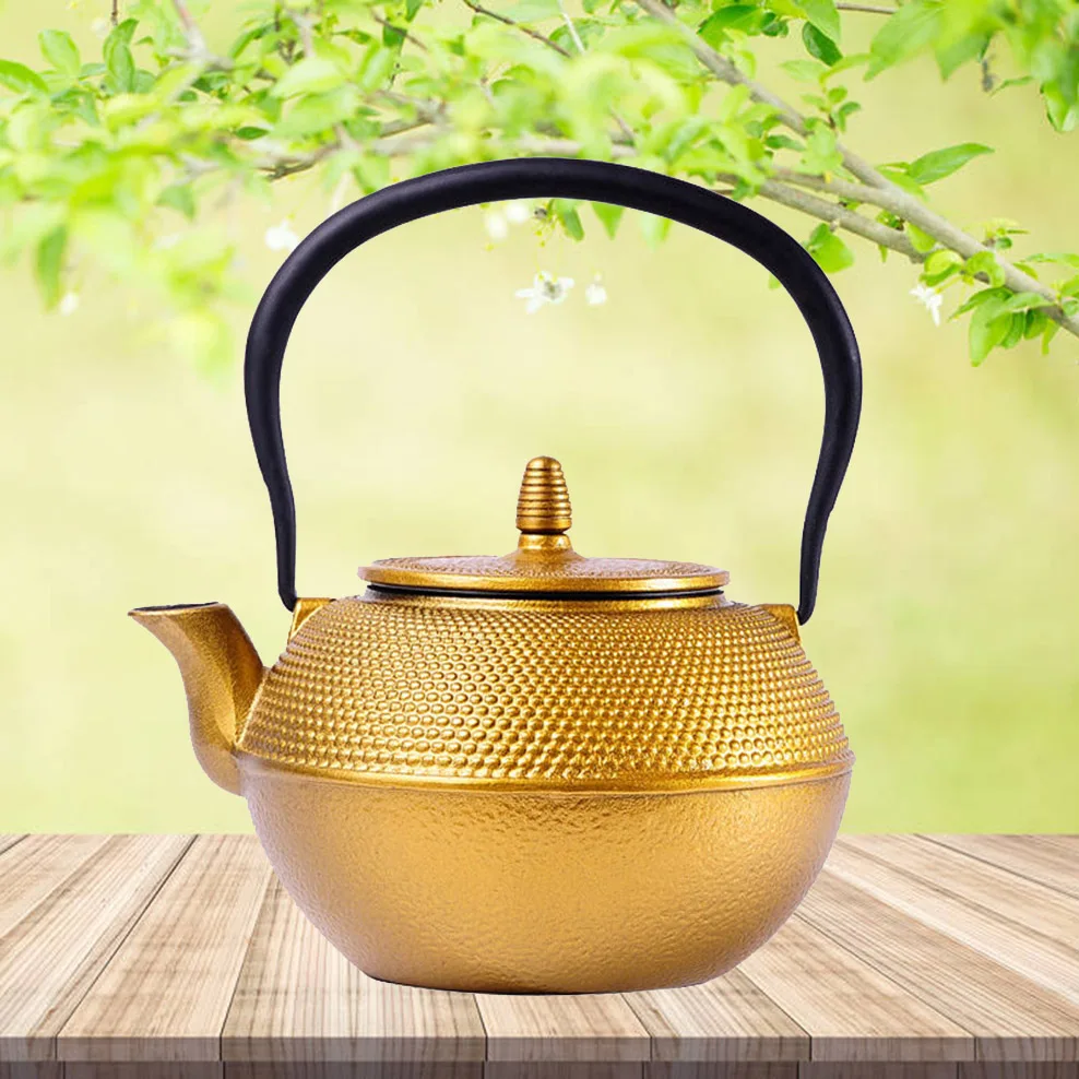 Golden Raindrop Cast Iron Teapot, Japanese style Health boiling tea pot, Large Capacity Boiling Kettle, Handle tea kettle, 1.2L