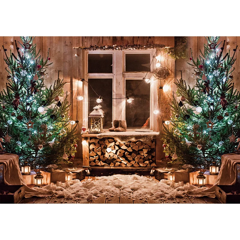 Allenjoy Christmas Decor Winter Tree Fireplace Gifts Wooden Floor Photophone Backdrop New Year Festival Photograpy Background